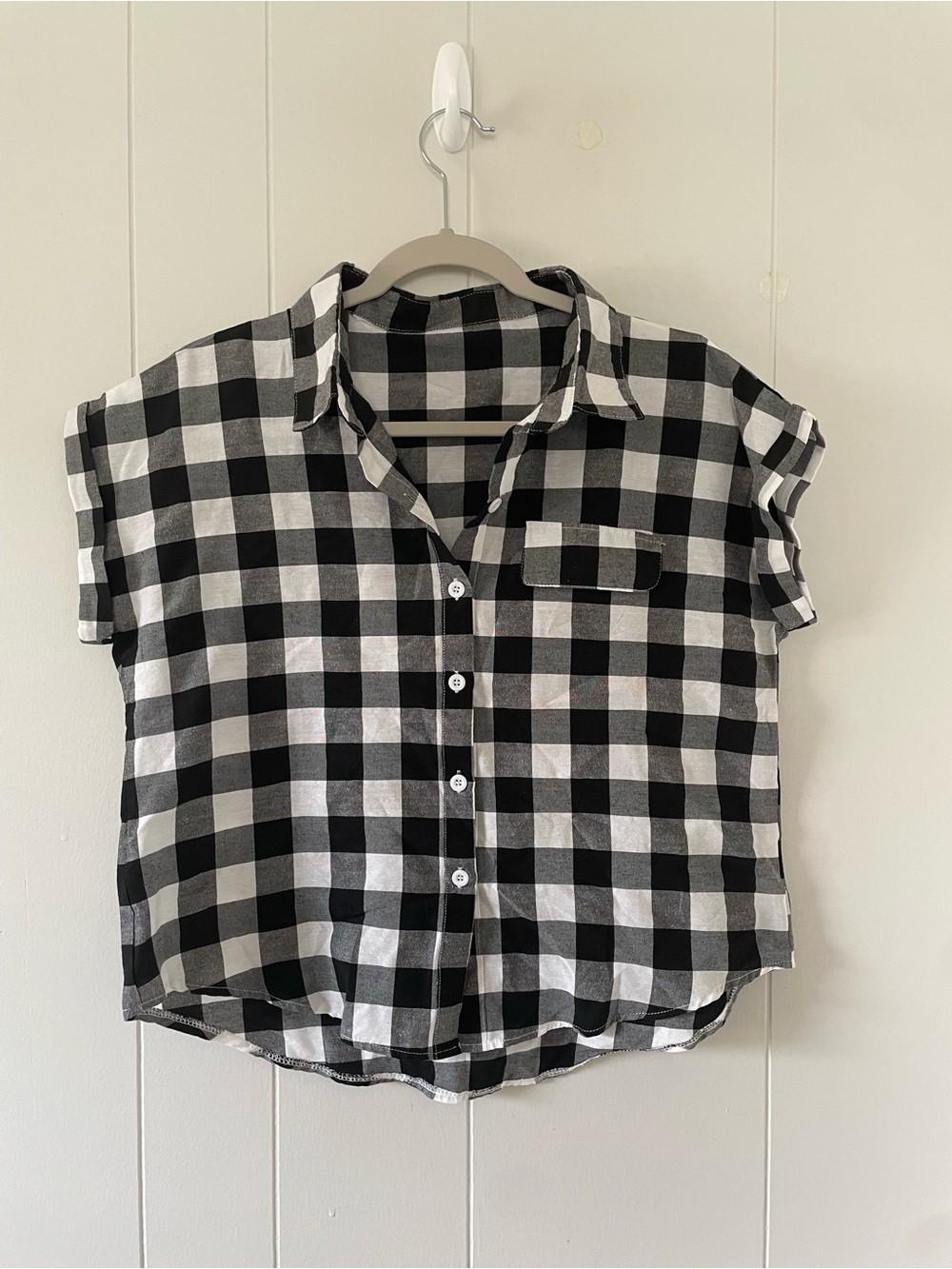 SHEIN Women’s Large Black Gray White Plaid Button Front Short Sleeve Shirt
